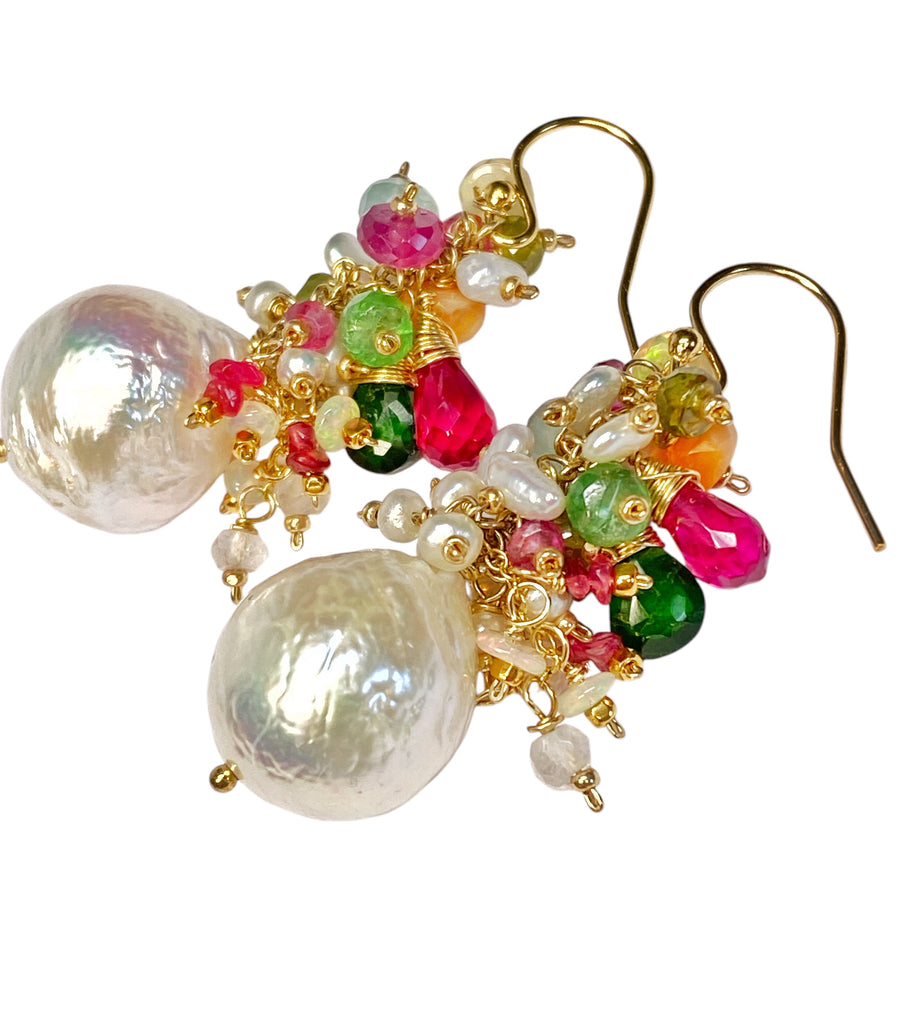 Edison Pearl Colorful Gemstone Cluster Earrings Gold Fill