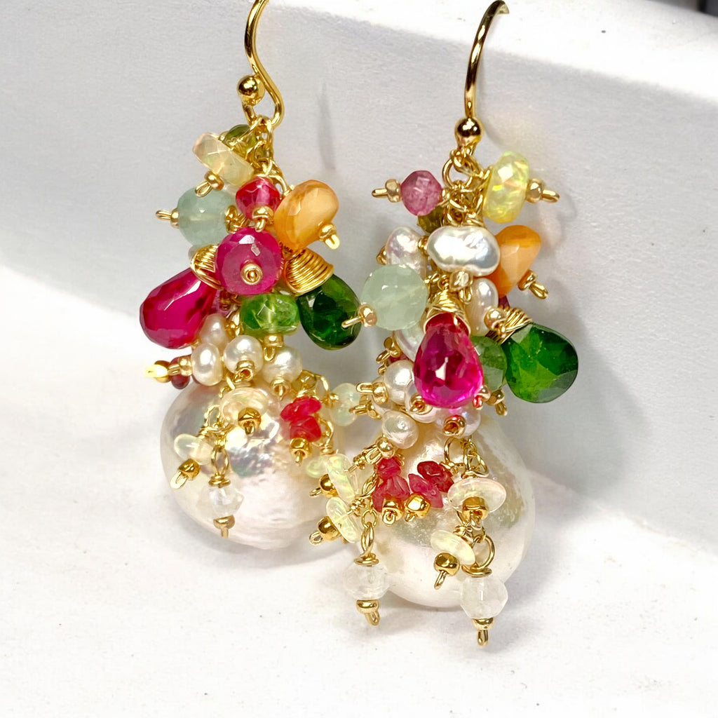 Edison Pearl Colorful Gemstone Cluster Earrings Gold Fill