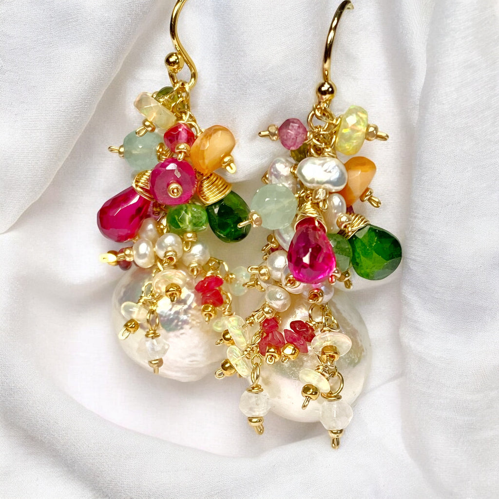 Edison Pearl Colorful Gemstone Cluster Earrings Gold Fill