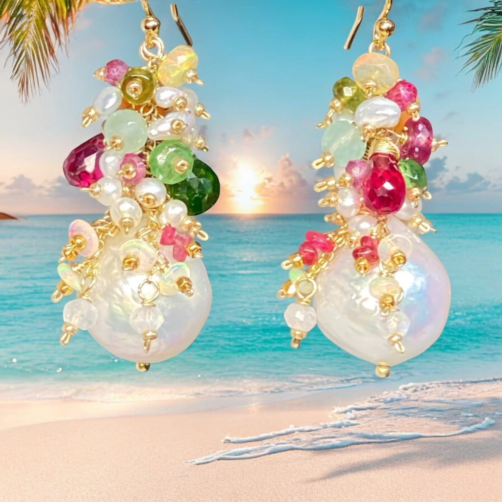 Edison Pearl Colorful Gemstone Cluster Earrings Gold Fill