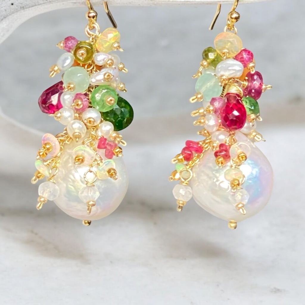 Edison Pearl Colorful Gemstone Cluster Earrings Gold Fill