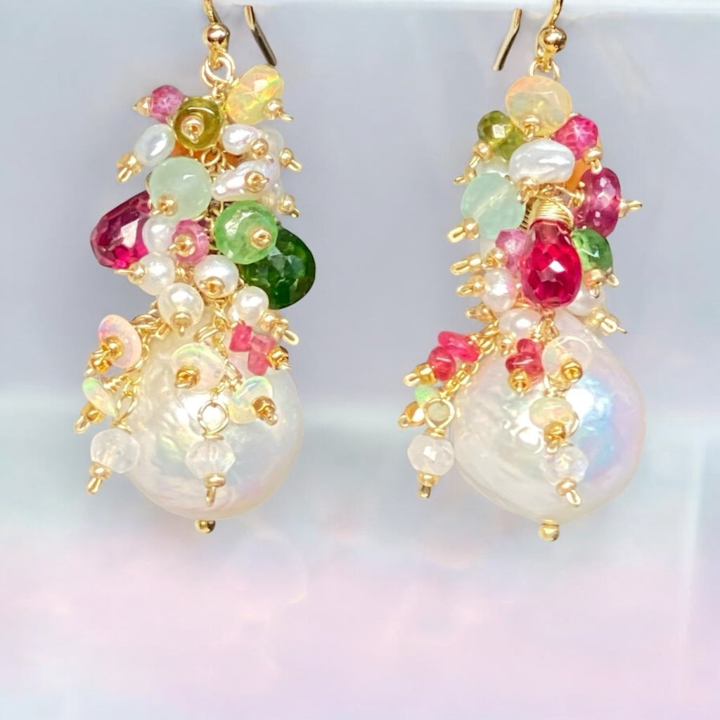 Edison Pearl Colorful Gemstone Cluster Earrings Gold Fill