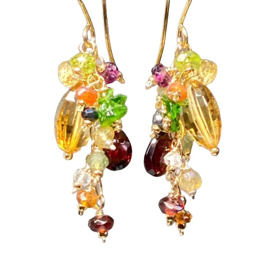 Citrine Dangle Earrings with Multi Gemstone Cluster, Garnet, Opal, Chrome Diopside