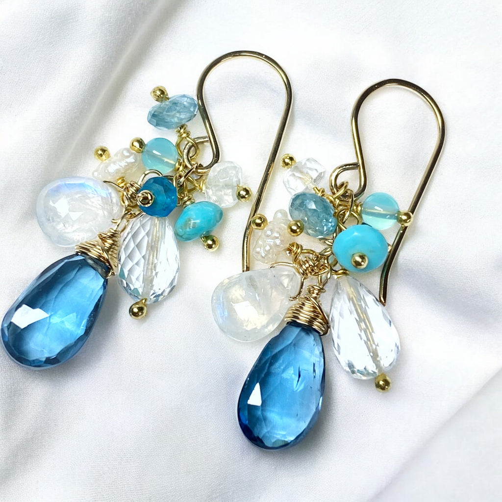 London Blue Topaz, Moonstone, Crystal Quartz Dangle Earrings, Gold Fill