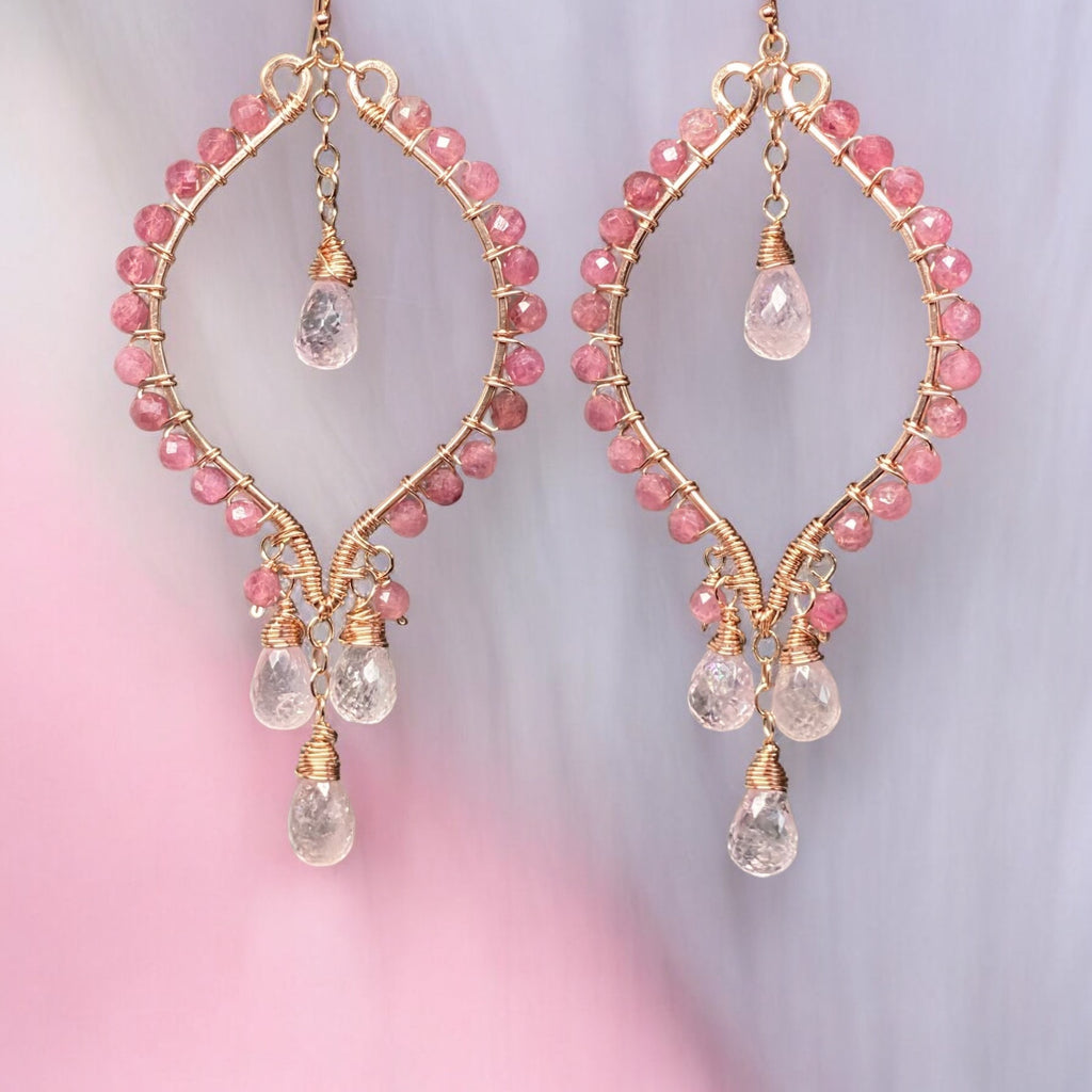 Pink Tourmaline and Morganite Rose Gold Hoop Chandelier Earrings