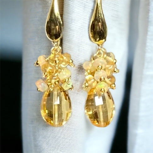 Citrine and Opal Cluster Earrings in Gold Fill