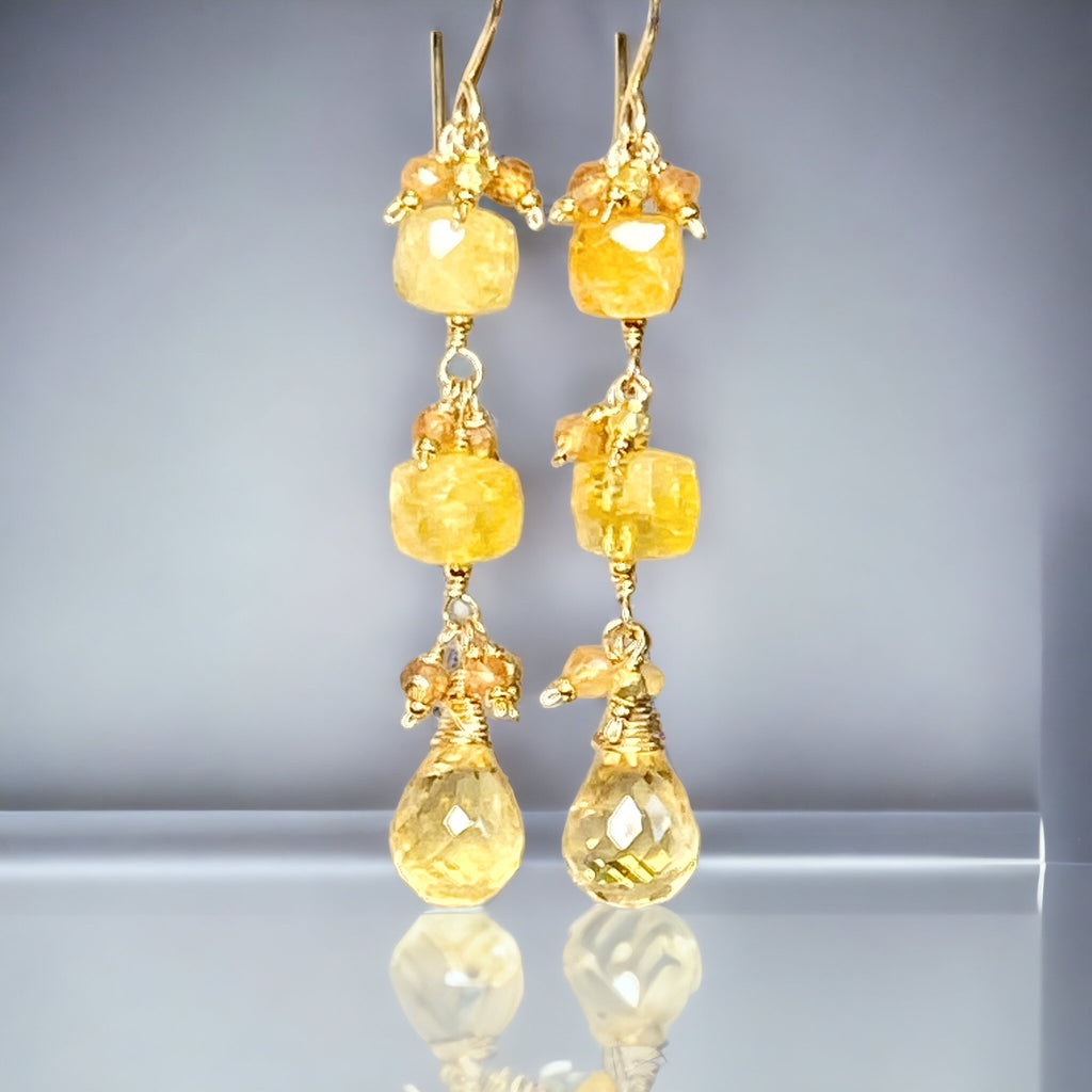 Long Citrine Dangle Earrings Gold Fill or Sterling Silver