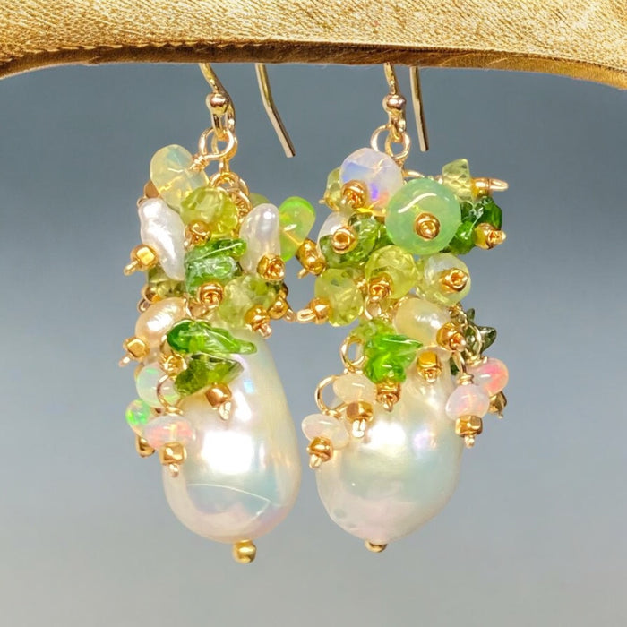 Peridot, Opal, Pearl Cluster Earrings Gold Fill 2