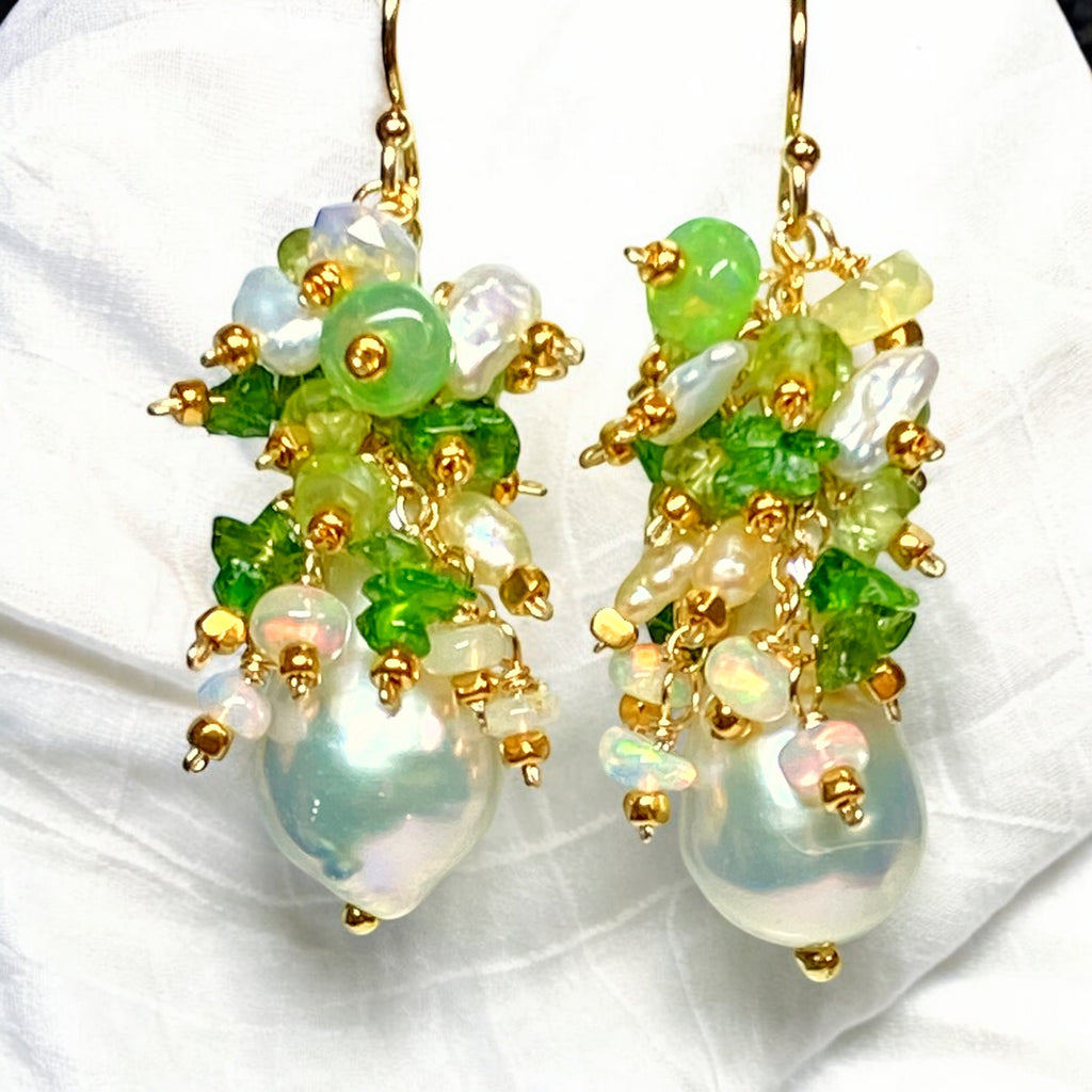 Peridot, Opal, Pearl Cluster Earrings Gold Fill 2