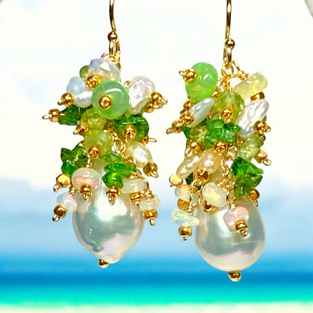 Peridot, Opal, Pearl Cluster Earrings Gold Fill 2