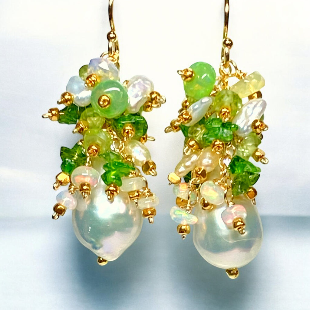 Peridot, Opal, Pearl Cluster Earrings Gold Fill 2