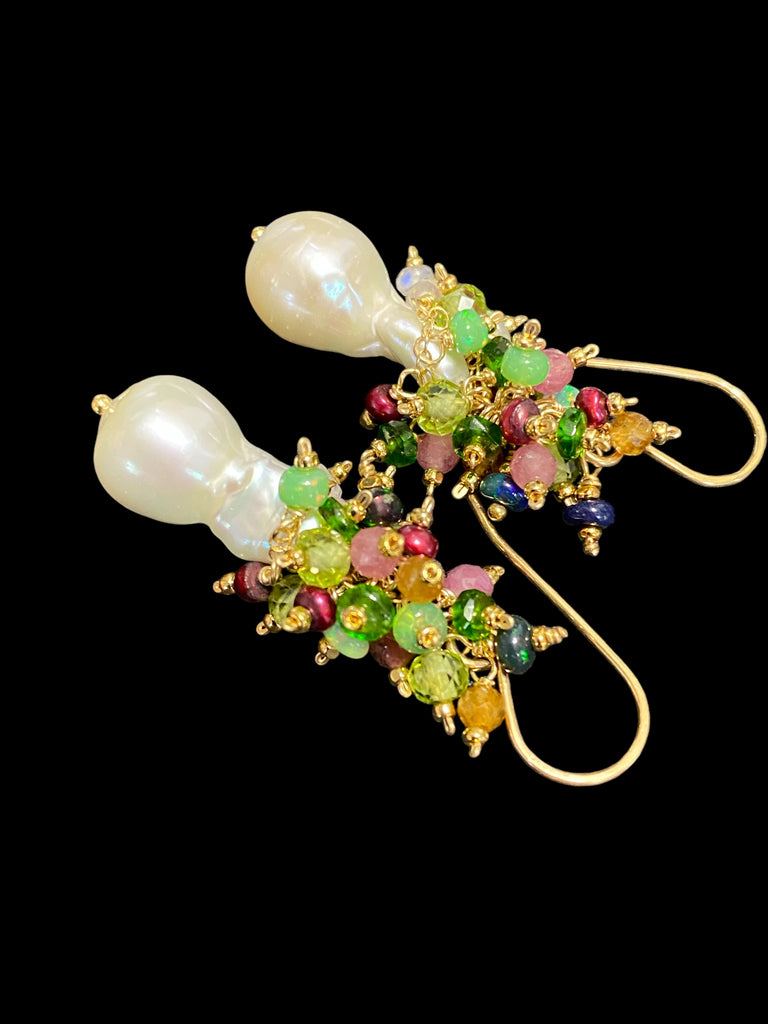 Opal Cluster Baroque Pearl Earrings Multi-color Gemstone 3