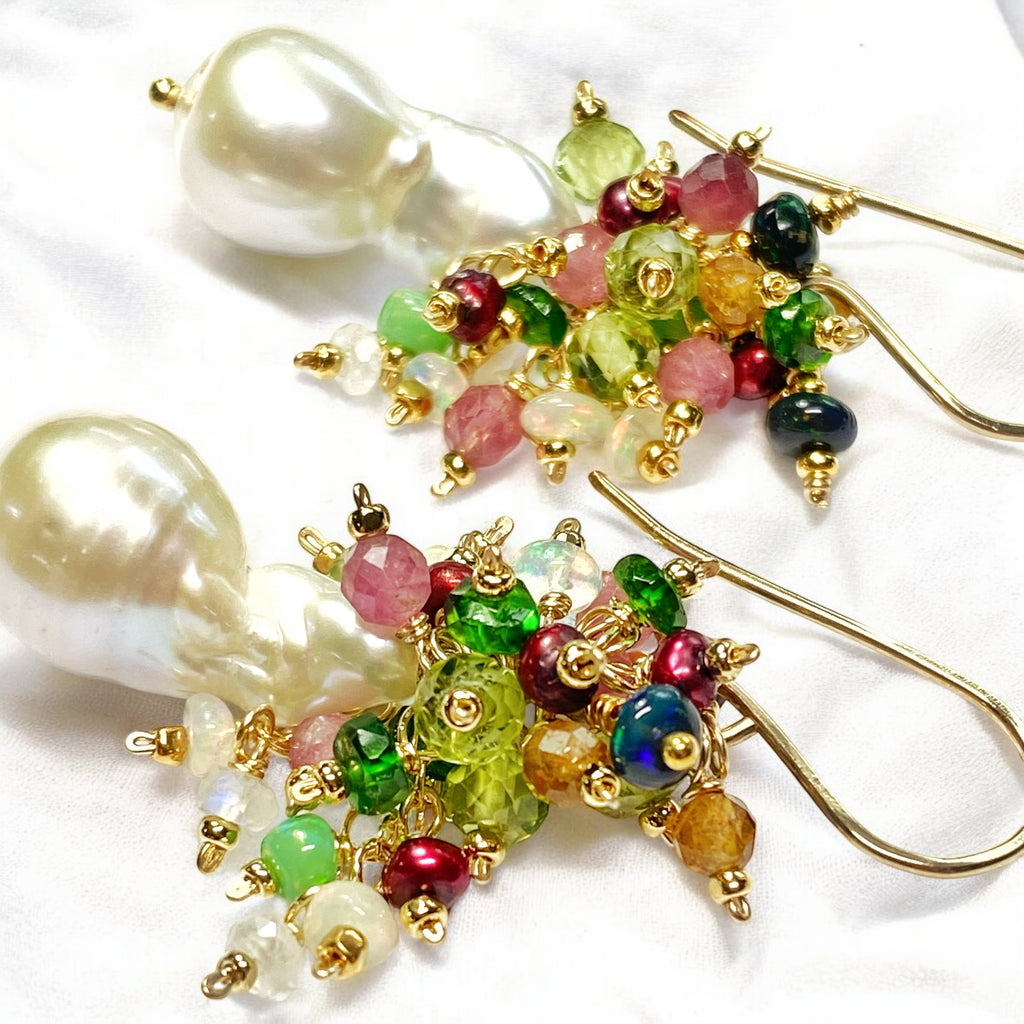 Opal Cluster Baroque Pearl Earrings Multi-color Gemstone 3