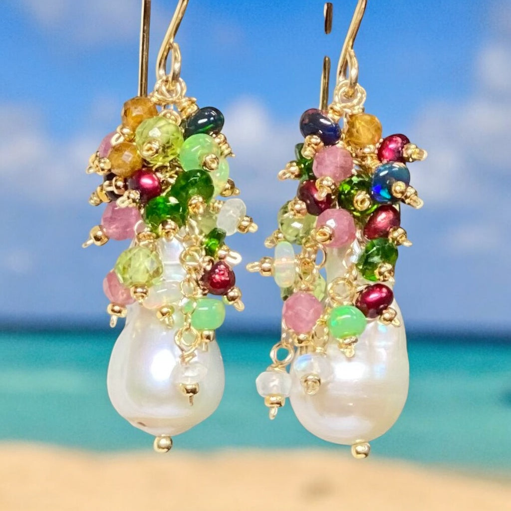 Opal Cluster Baroque Pearl Earrings Multi-color Gemstone 3