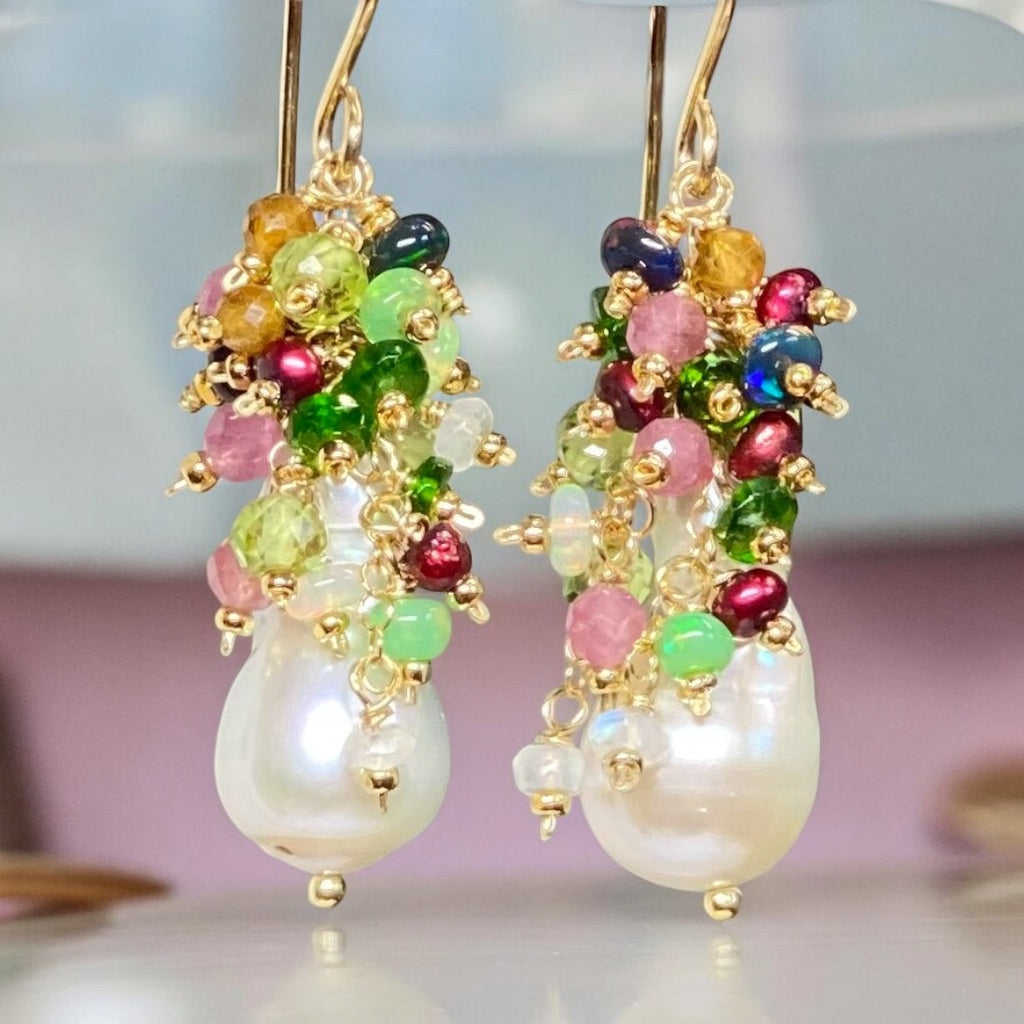 Opal Cluster Baroque Pearl Earrings Multi-color Gemstone 3