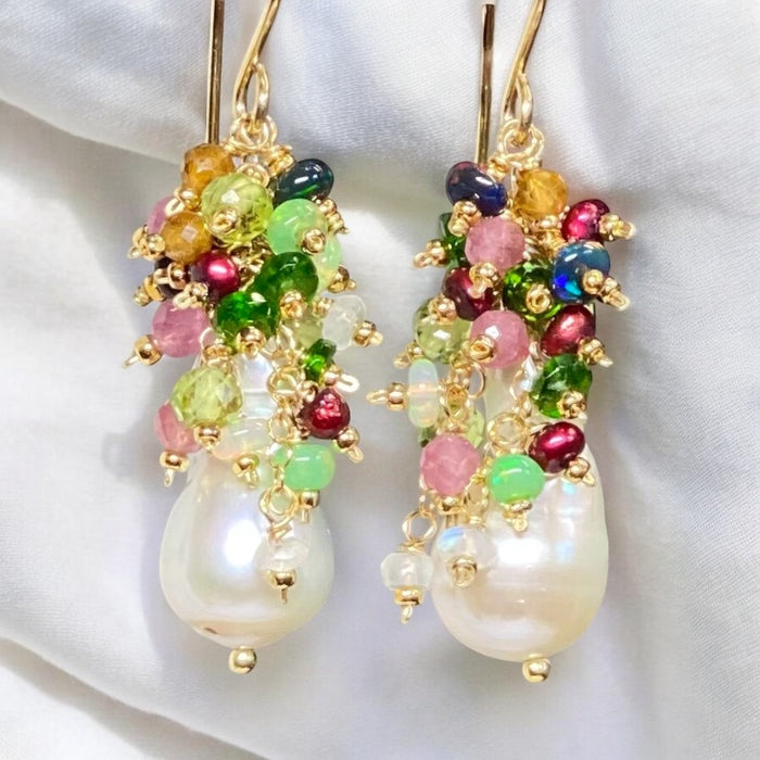 Opal Cluster Baroque Pearl Earrings Multi-color Gemstone 3