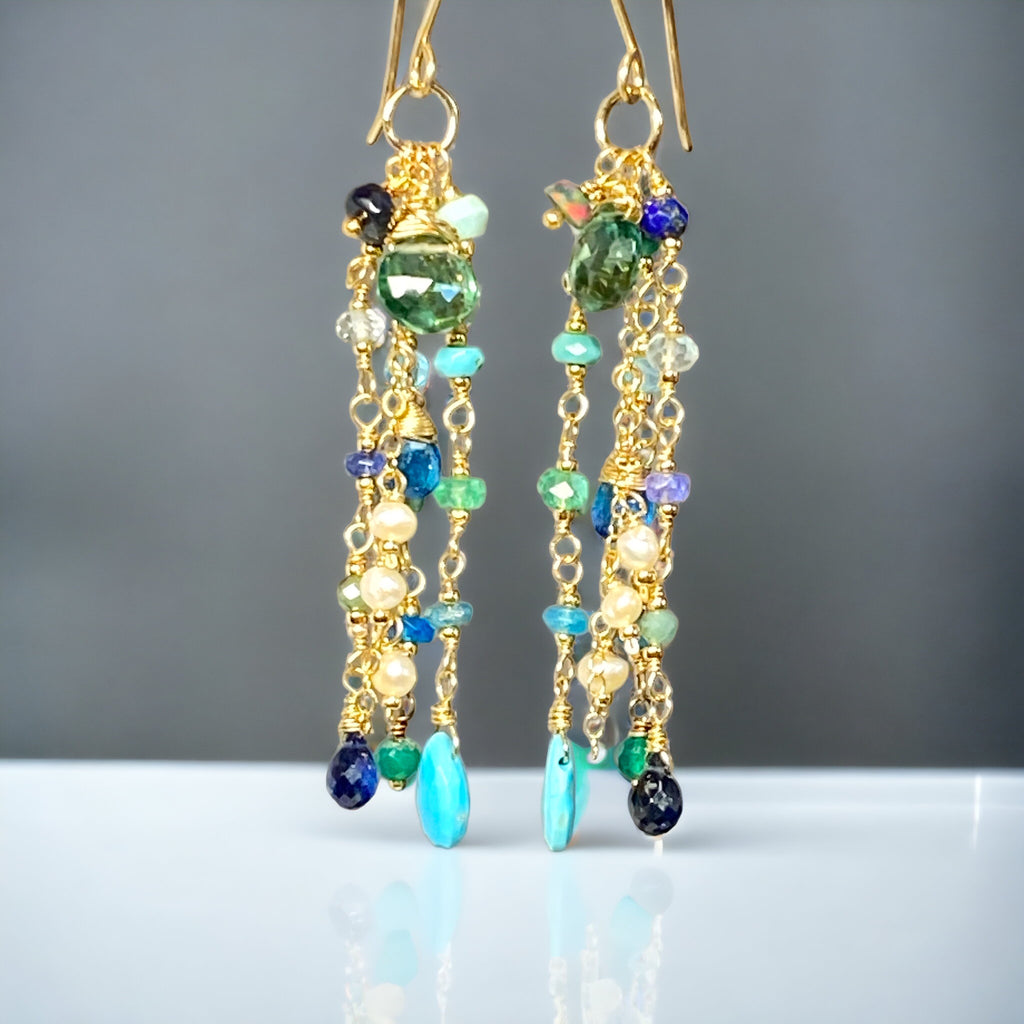 Blue Green Turquoise Multi Gemstone Dangle Earrings Gold Fill