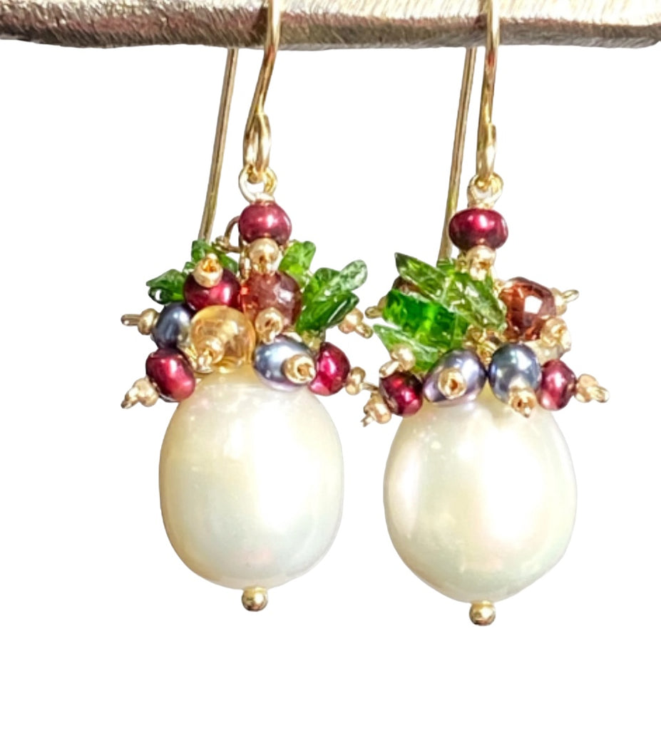 Pearl Cluster Earrings with Red, Green Gemstone Clusters