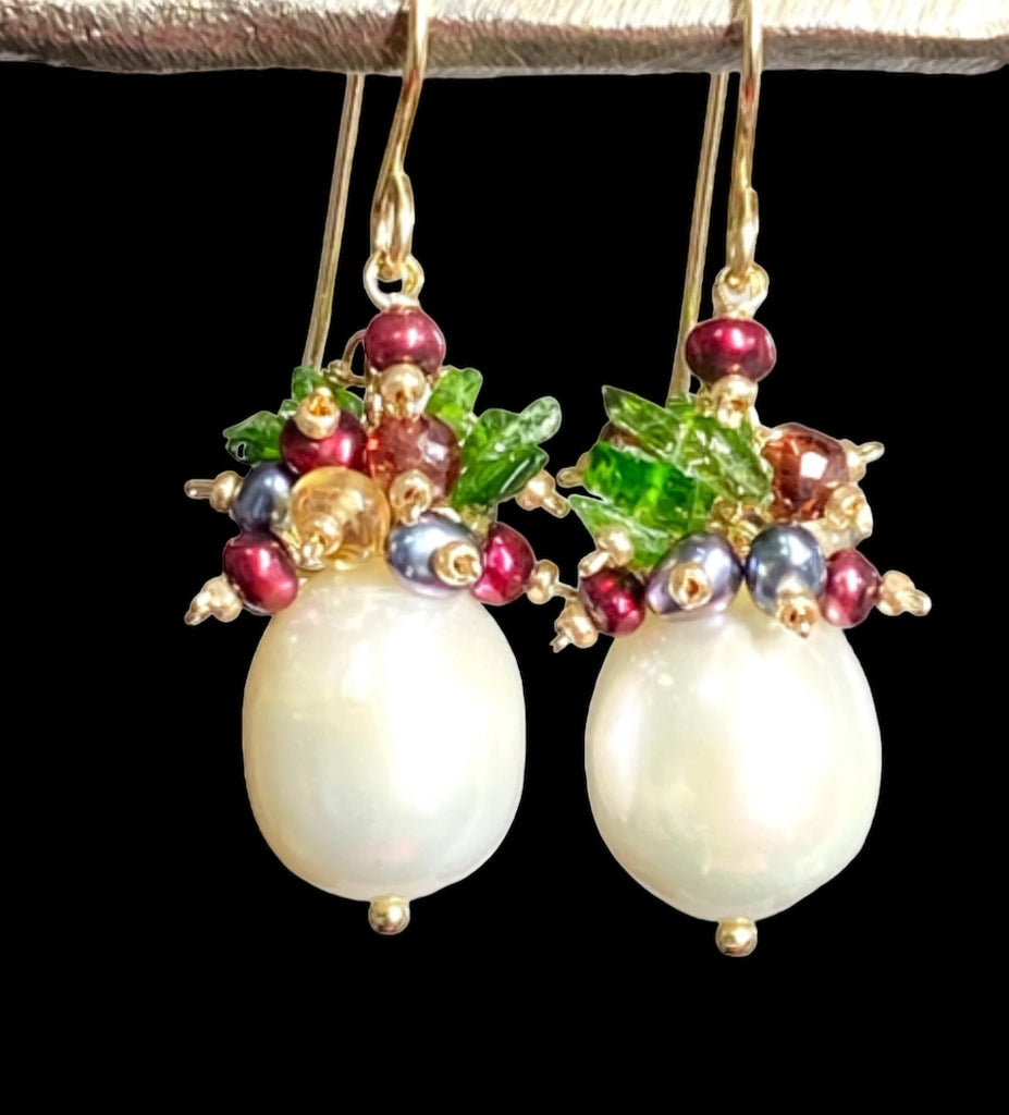 Pearl Cluster Earrings with Red, Green Gemstone Clusters