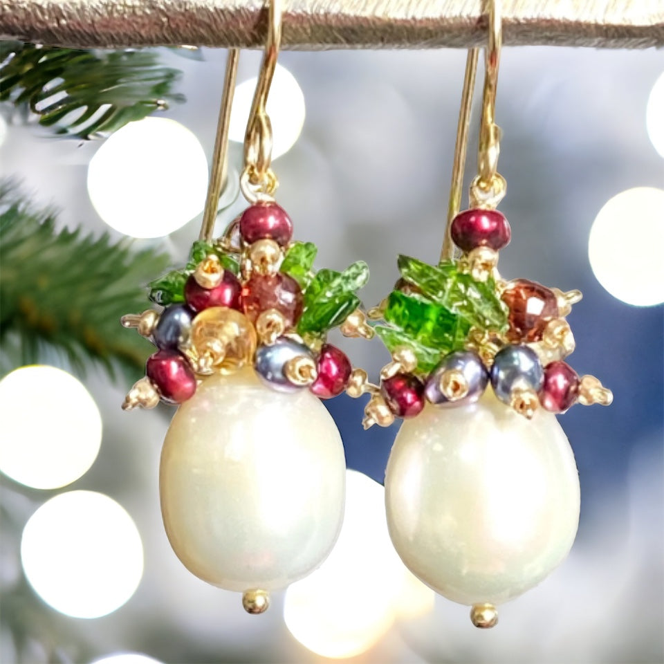 Pearl Cluster Earrings with Red, Green Gemstone Clusters
