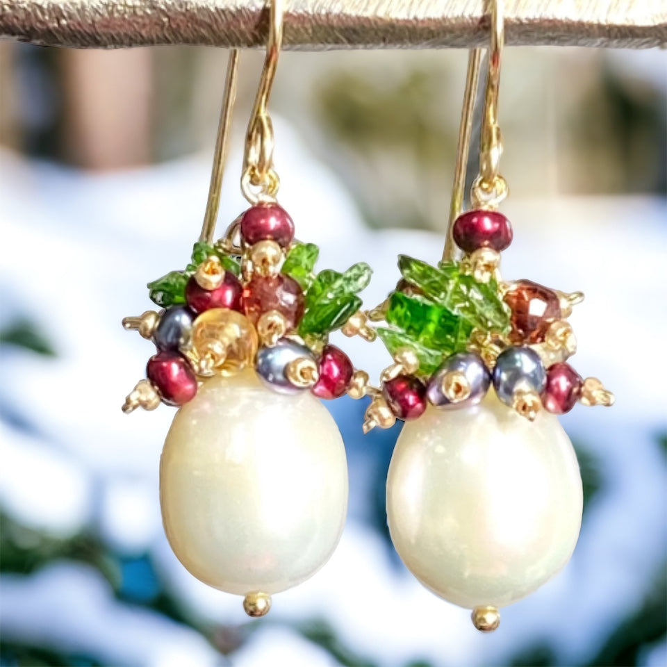 Pearl Cluster Earrings with Red, Green Gemstone Clusters