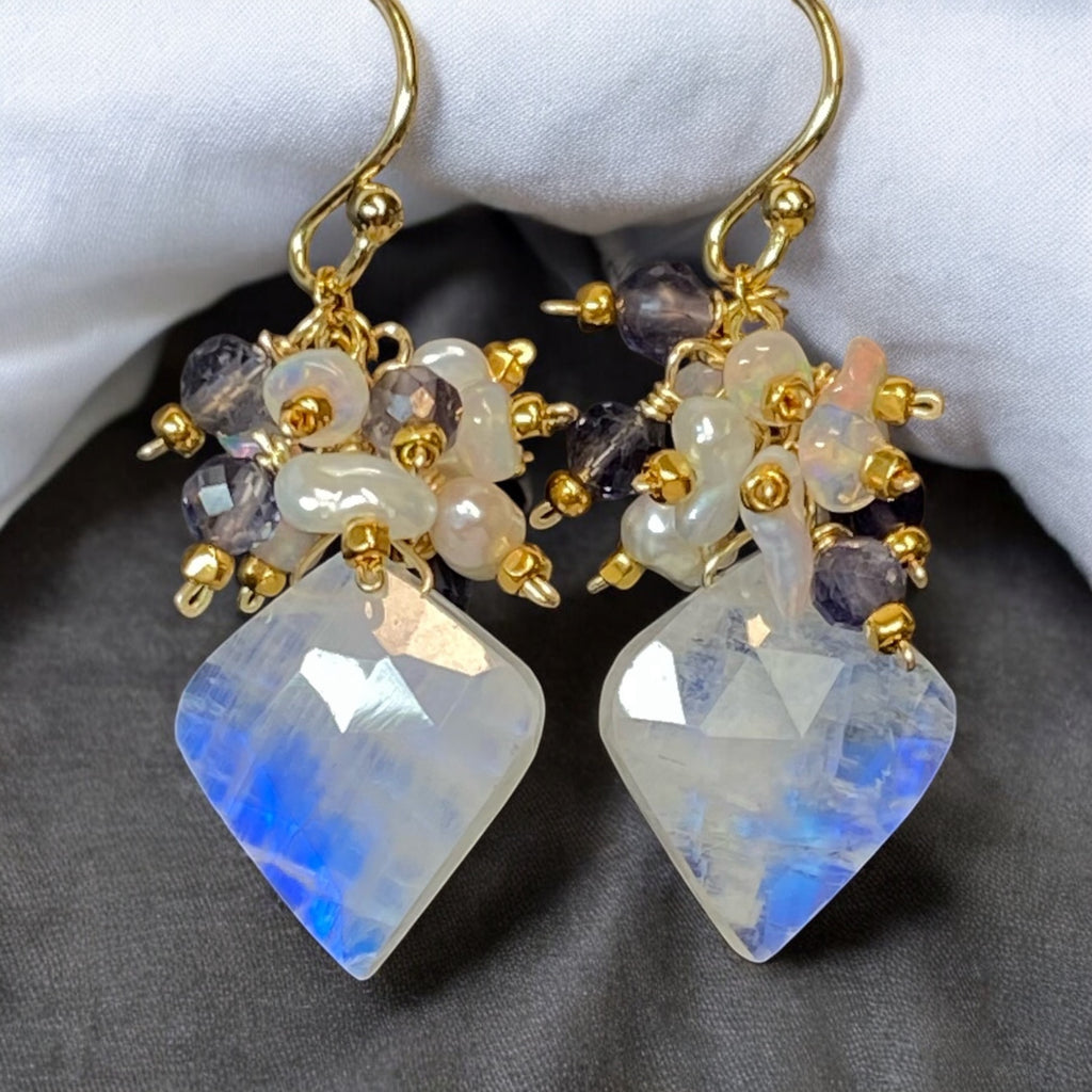 Rainbow Moonstone Fancy Cut Cluster Earrings, Opal, Iolite, Pearl