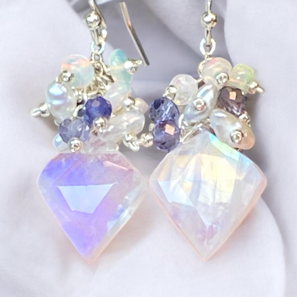 Rainbow Moonstone Fancy Cut Cluster Earrings, Opal, Iolite, Pearl