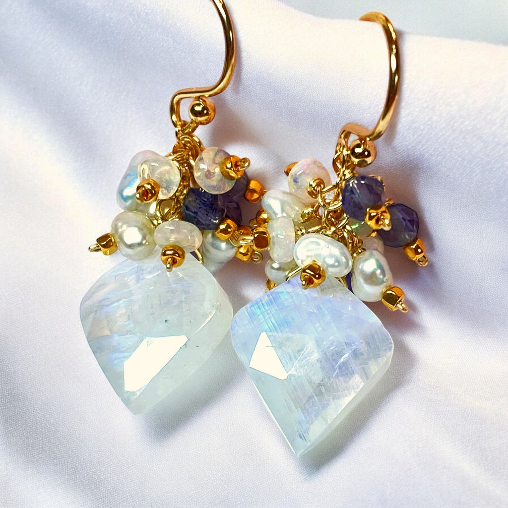 Rainbow Moonstone Fancy Cut Cluster Earrings, Opal, Iolite, Pearl