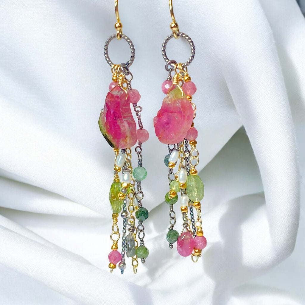 Watermelon Tourmaline Slice Earrings Mixed Metal Dangle Earrings