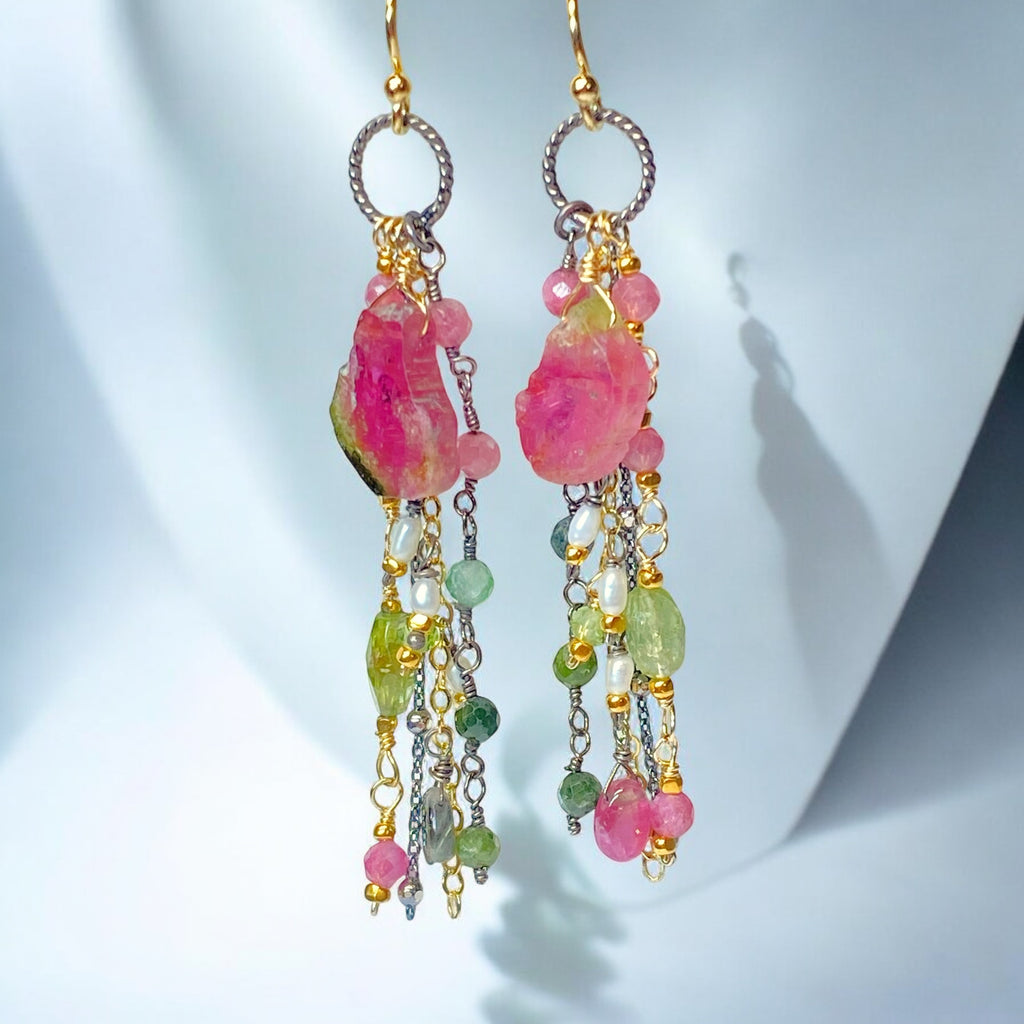 Watermelon Tourmaline Slice Earrings Mixed Metal Dangle Earrings