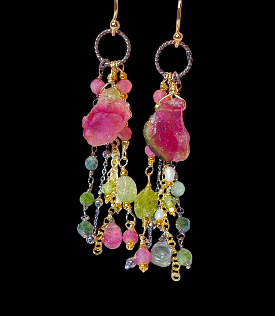 Watermelon Tourmaline Slice Earrings Mixed Metal Dangle Earrings