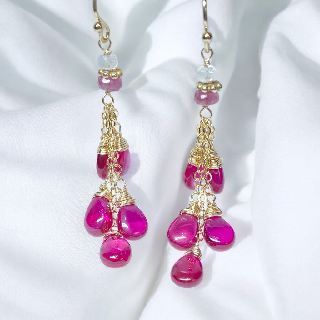 Pink Rubellite Tassel Earrings, Gold Fill