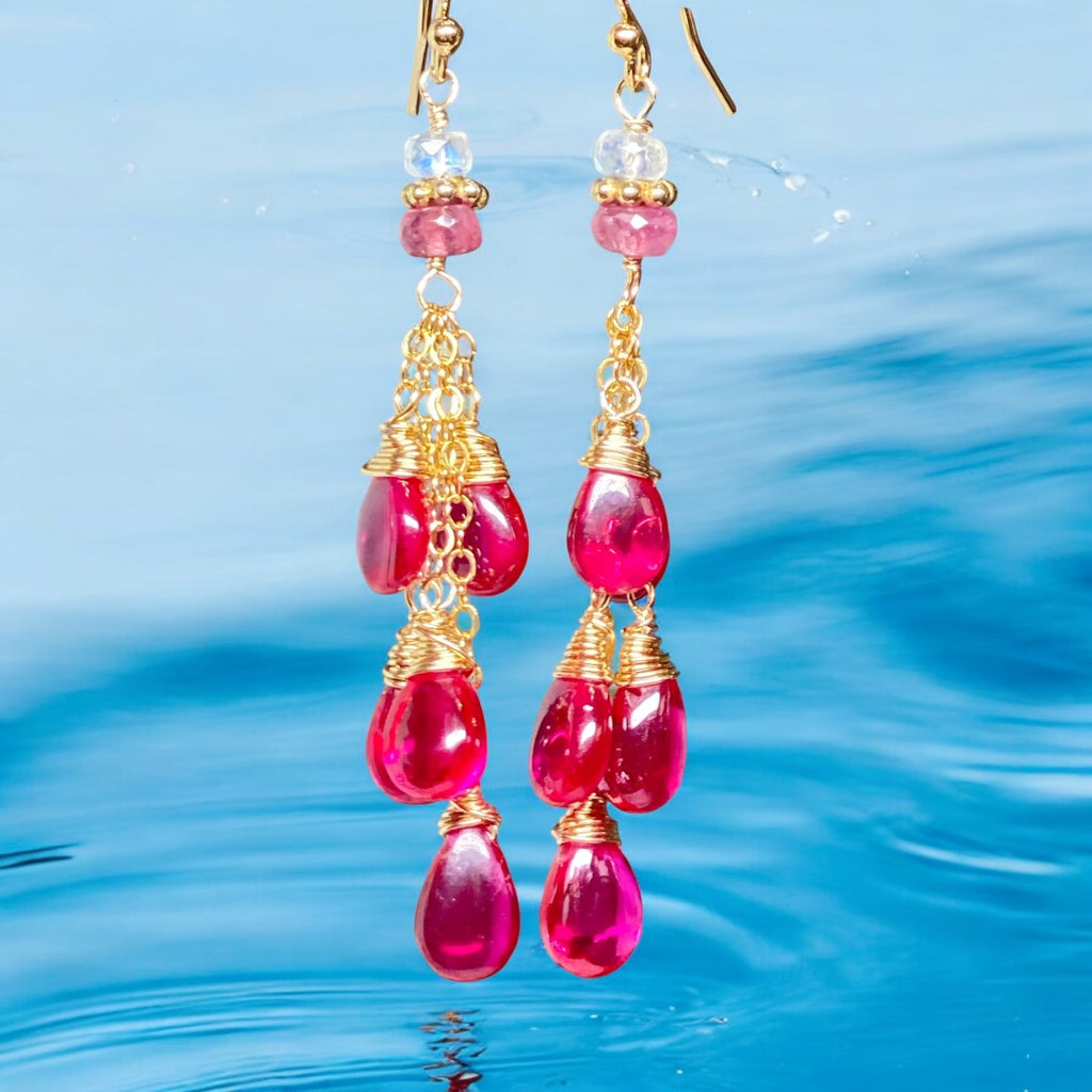 Pink Rubellite Tassel Earrings, Gold Fill