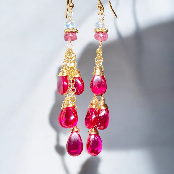 Pink Rubellite Tassel Earrings, Gold Fill