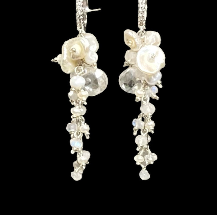 Sterling Silver Crystal Quartz Bridal Dangle Earrings with Keishi Pearls