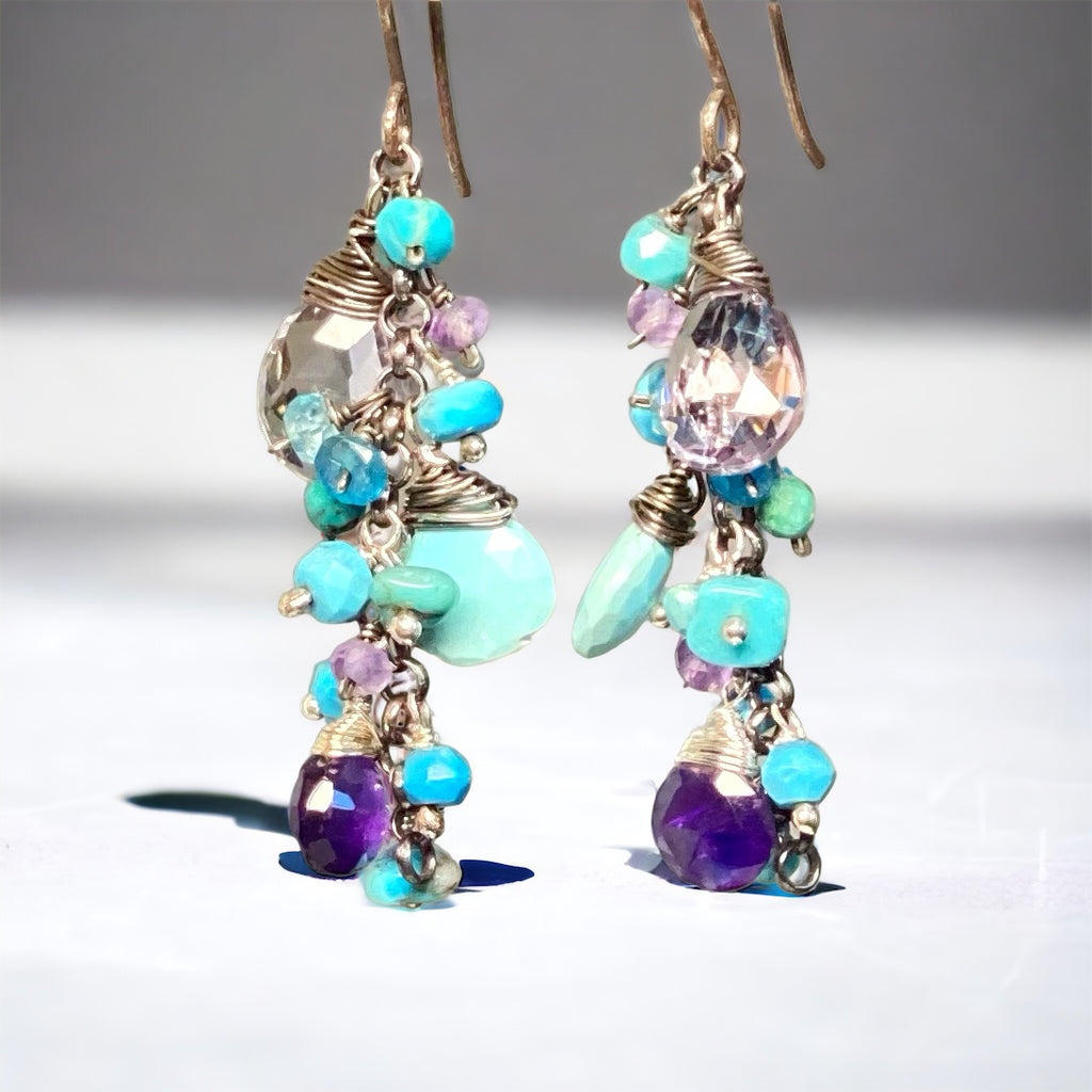Sleeping Beauty Turquoise Dangle Earrings with Amethyst in Oxidized Sterling Silver
