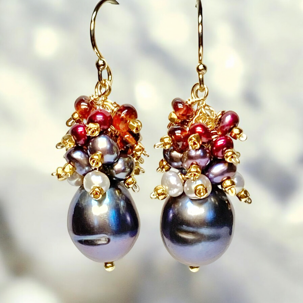 Peacock Pearl Cluster Earrings with Red Garnet in Gold Fill