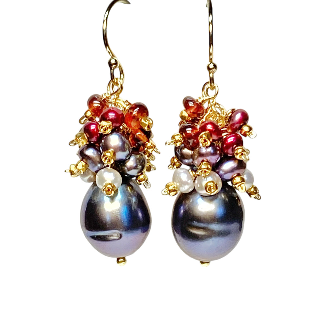 Peacock Pearl Cluster Earrings with Red Garnet in Gold Fill