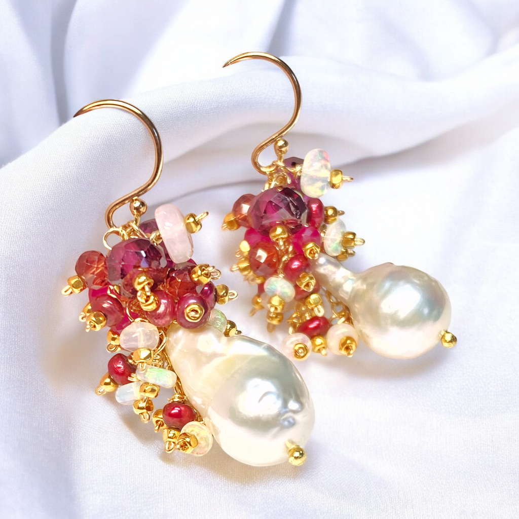 Baroque Pearl Earrings with Rubies, Garnets and Fiery AAA Ethiopian Opals 2