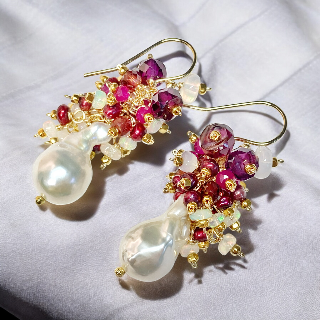 Baroque Pearl Earrings with Rubies, Garnets and Fiery AAA Ethiopian Opals 2