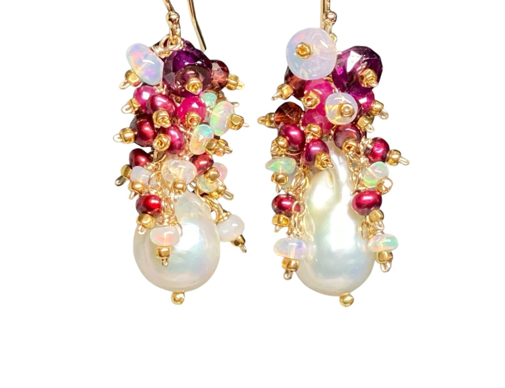 Baroque Pearl Earrings with Rubies, Garnets and Fiery AAA Ethiopian Opals 2