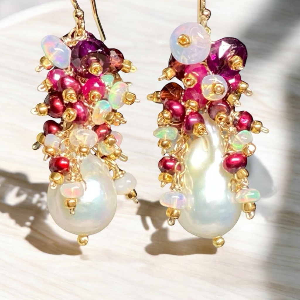 Baroque Pearl Earrings with Rubies, Garnets and Fiery AAA Ethiopian Opals 2