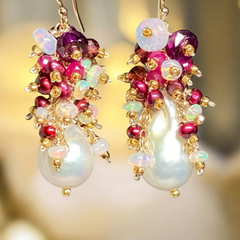 Baroque Pearl Earrings with Rubies, Garnets and Fiery AAA Ethiopian Opals 2