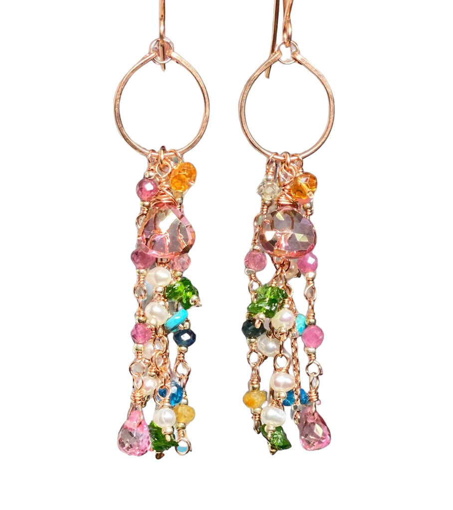 Mystic Topaz Multicolor Gemstone Long Boho Dangle Earrings Rose Gold