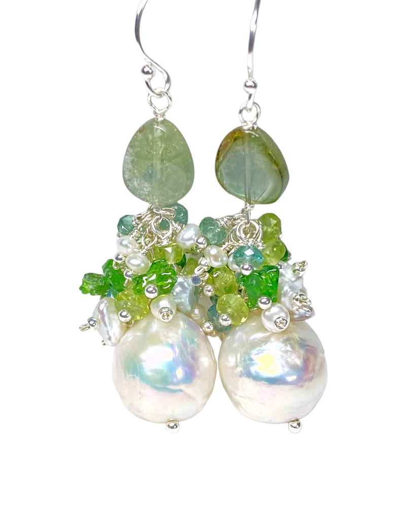 Baroque Edison Pearl and Green Gemstone and Tourmaline Cluster Earrings