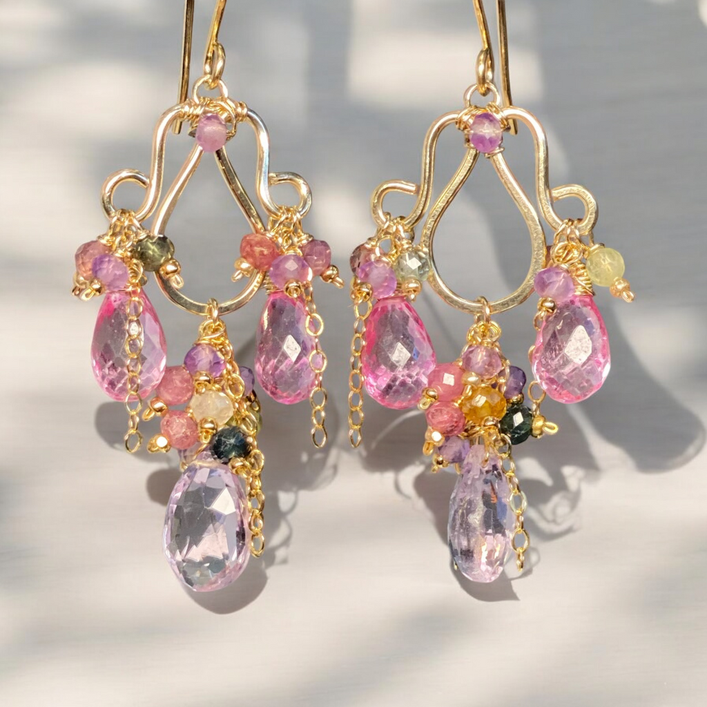 Pink, Lavender, Tourmaline Chandelier Earrings in Gold Fill