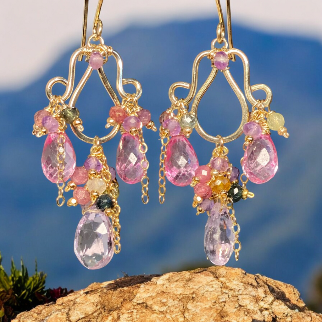 Pink, Lavender, Tourmaline Chandelier Earrings in Gold Fill