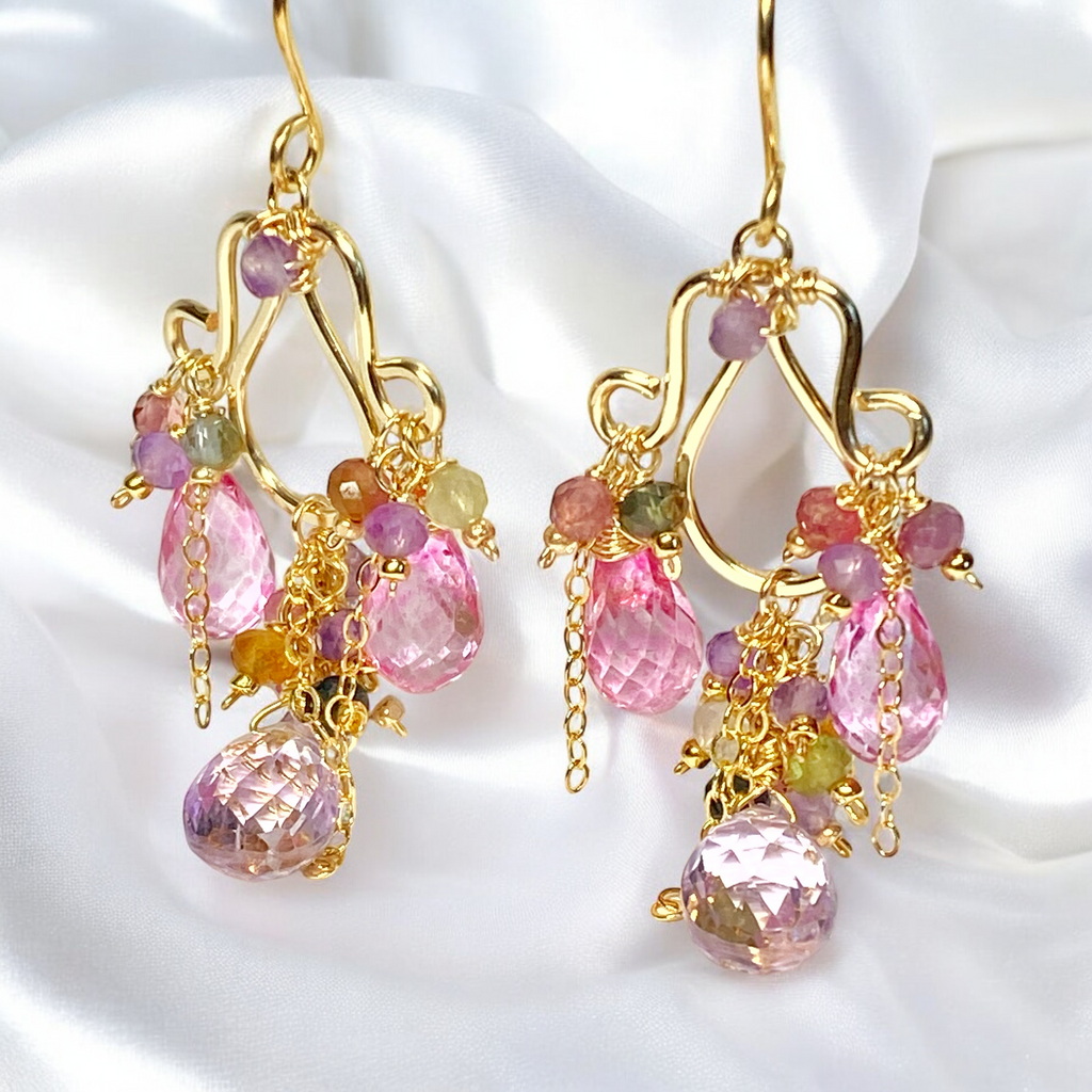 Pink, Lavender, Tourmaline Chandelier Earrings in Gold Fill