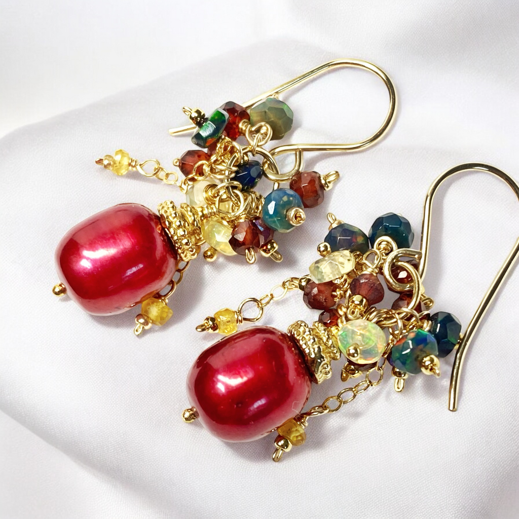 Red Pearl, Opal and Garnet Cluster Earrings Gold Fill