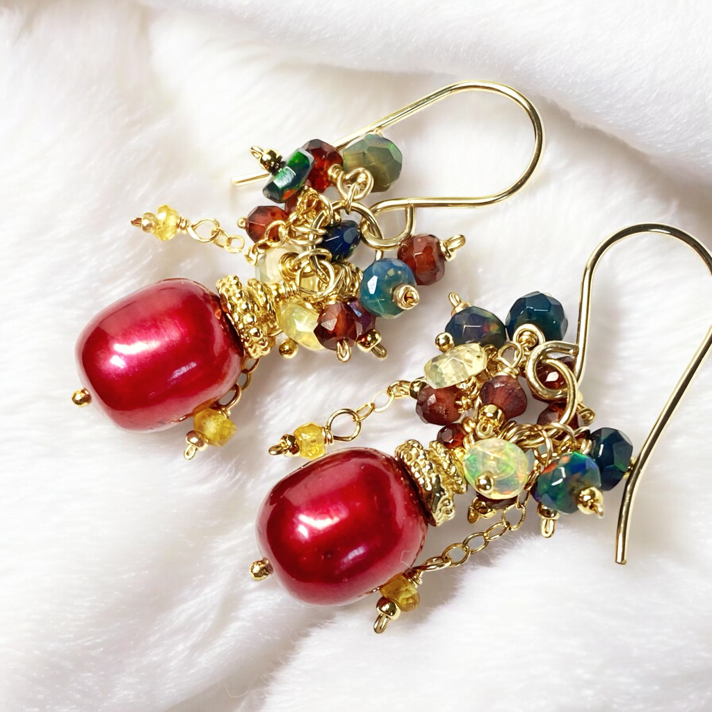 Red Pearl, Opal and Garnet Cluster Earrings Gold Fill